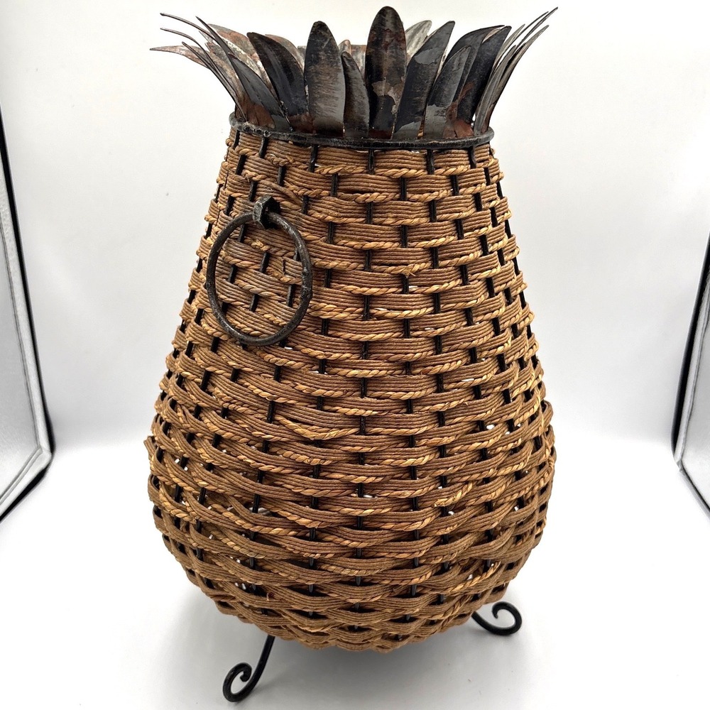VTG Pineapple Decorative Basket Vase Brown Rustic Boho Woven Metal 15in